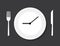 Cook time logo badge, eat plate clock time for food. Dish watch empty icon