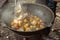 cook uses a slotted spoon to stir meat, corn on the cob, potatoes and vegetables in a cast-iron cauldron on an outdoor wood-