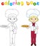 Cook or waiter in his uniform with cake and pizza. Coloring book