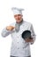 Cook, on white background, points to the quality of the pan
