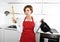 Cook woman in angry upset frustrated face expression in apron holding cooking pan dirty edit