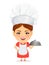 Cook woman, female master chef. Funny cartoon character with big head holding restaurant cloche.