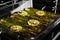 Cooked asparagus with lemon slices in glass baking dish on oven rack