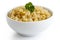 Cooked bulgur wheat with green parsley in white ceramic bowl iso