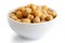 Cooked chickpeas in white bowl.