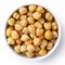 Cooked chickpeas in white bowl.