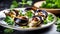 Cooked Escargots De Bourgogne snails with garlic butter and parsley on a plate in a restaurant, delicious and healthy food,