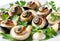 Cooked Escargots De Bourgogne snails with garlic butter and parsley on a plate in a restaurant, delicious and healthy food,