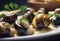 Cooked Escargots De Bourgogne snails with garlic butter and parsley on a plate in a restaurant, delicious and healthy food,