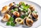 Cooked Escargots De Bourgogne snails with garlic butter and parsley on a plate in a restaurant, delicious and healthy food,