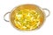 Cooked fusilli tricolore pasta in drain strainer isolated on white