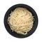 cooked linguine pasta on circle black bowl isolated on white