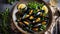 Cooked mussels, lemon, parsley in a plate cooking culinary clam meal rustic delicious