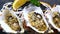 Cooked Oysters in Half Shells on Black Textured Slate Background, Top View