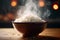 Cooked rice in bowl on wooden table with bokeh background