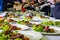 Cooked Roast Beef, Fresh Salad And Tomatoes Served On White Plates. Cooking Master Class, Workshop with People Learning How to