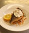 Cooked sea bass with a poached egg