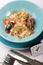 Cooked seafood tagliatelle pasta served with mussels
