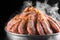 Cooked shrimps in a misted metal bucket on a dark smoky background