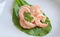 Cooked shrimps prawns for seafood with herb cannabis leaf and coriander, cooking boiled shrimp, Fresh shrimp on fresh vegetables