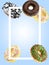 Cookie background. Glazed sweet doughnut falling on blue. Frame for text. Sweet icing sugar food.