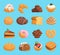 Cookie cakes vector isolated tasty snack delicious. Chocolate homemade pastry biscuit isolated on background. Vector set