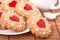 Cookie with heart jelly and cup of coffee bamboo napkin