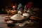 Cookie ingredients in different bowls on a wooden table