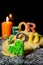 Cookie letters with cookie dough and a candle, text for you in f