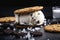 A cookie sandwich with ice cream and chocolate chips. AI generative image.