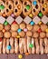 Cookie and waffle assortment in rows and multicolored candy dragees