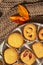Cookies, blancket and autumn leaves. Background, biscuit