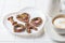 Cookies in chocolate and colored sprinkles I love dad, white background. Father`s day concept