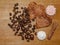 Cookies with cinnamon meringue chocolate grains on a table