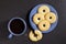 Cookies and coffee in blue dishware
