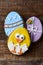 Cookies decorated as easter eggs and funny chick