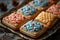 Cookies decorated with icing in a vintage quilt pattern in shades of blue and pink.