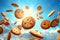 Cookies flying in sunshine among clouds