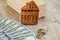 Cookies in the form of a house on dollars and apartment keys on the table.