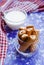 Cookies with homemade filling, a glass of milk , close-up