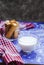 Cookies with homemade filling, a glass of milk , close-up