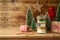 Cookies ingredients with colorful candies in jar on wooden table. Handmade Christmas gift concept