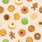 Cookies with jam, gingerbread, chocolate chip cookie, homemade biscuit seamless vector pattern illustration.