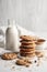 cookies with milk on a white table, product photography