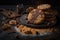 Cookies with pieces of chocolate fall on the table and crumble On a black background illustration generative ai