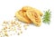 Cookies of soybeans and grains of wheal with twig of rosemary on white background