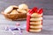 Cookies Valentine`s Day with red tape and heart on wooden table