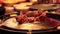 Cooking beef in a Korean restaurant, putting cheese on the grill, close-up