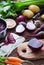 Cooking Beetroot soup on brown wooden background