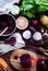 Cooking Beetroot soup on brown wooden background